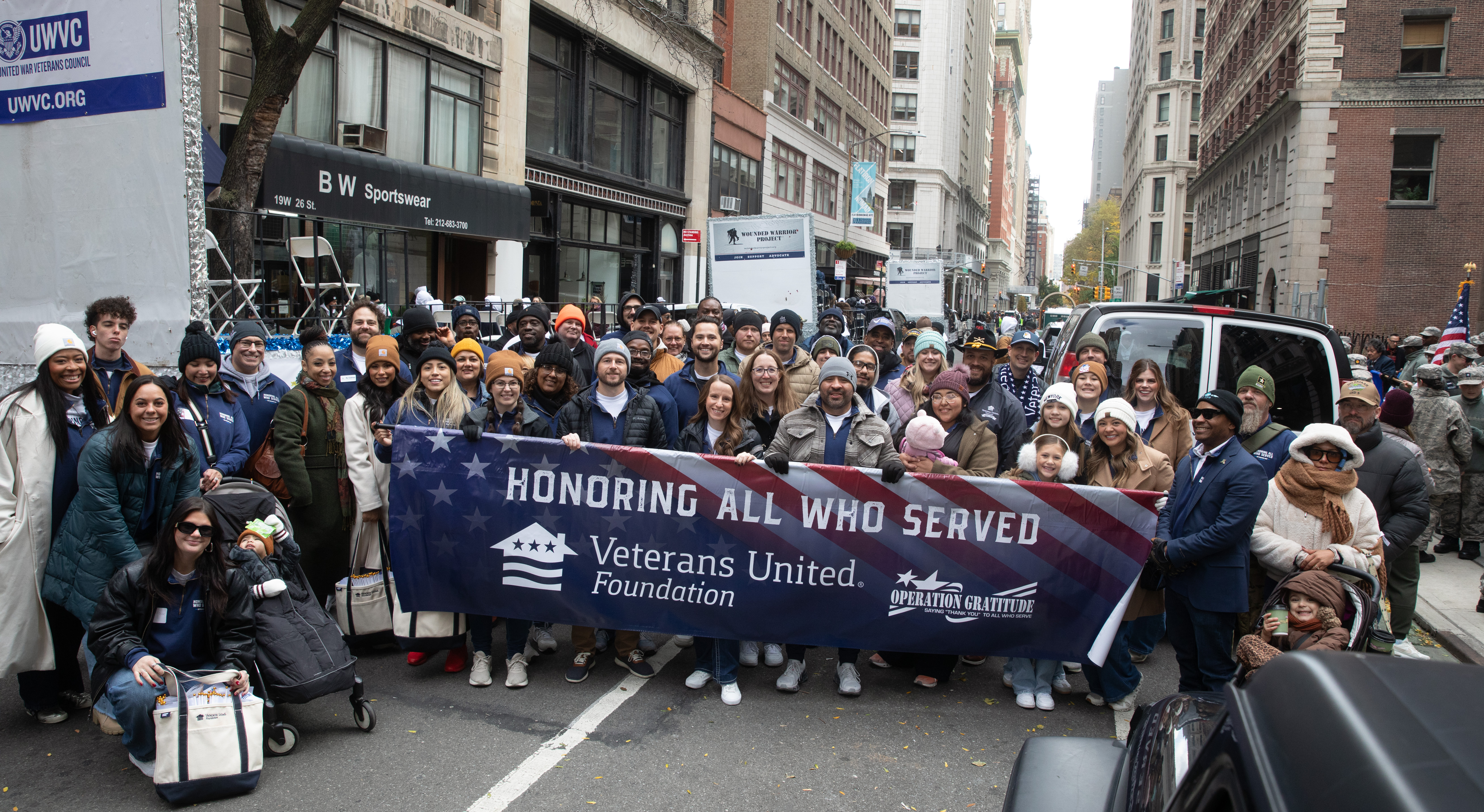 Group photo of VUers and Operation Gratitude at the 2025 Veterans Day Parade.
